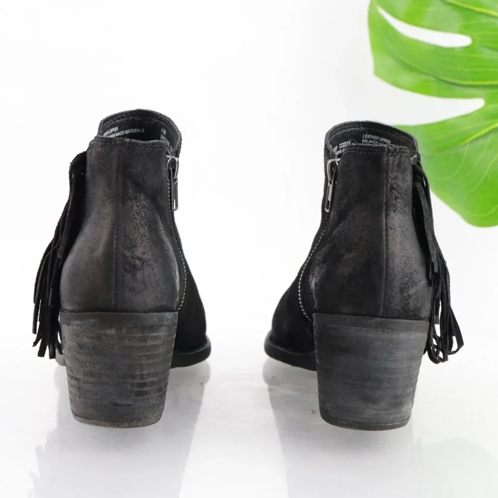 Born Womens Danni Boots Size 11 Black Suede Distress Fringe Booties‎ Block Heels